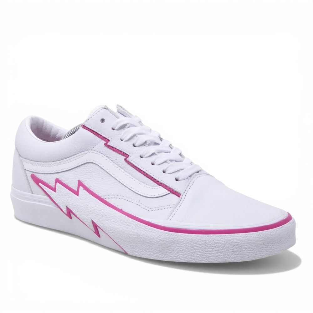 NEW Vans Mens Sneakers Shoes Leather White Pink Lightning Bolt Old Skool 11.5 - Picture 2 of 10